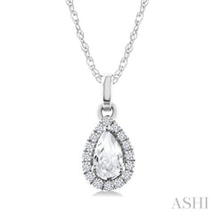 5x3 MM Pear Shape White Topaz and 1/20 Ctw Round Cut Diamond Halo Semi-Precious Pendant with Chain in 10K White Gold