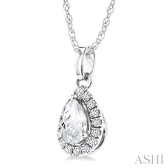 5x3 MM Pear Shape White Topaz and 1/20 Ctw Round Cut Diamond Halo Semi-Precious Pendant with Chain in 10K White Gold