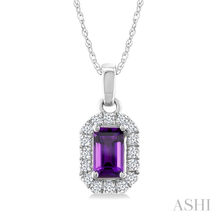 5x3 MM Octagonal Shape Amethyst and 1/20 Ctw Round Cut Diamond Halo Semi-Precious Pendant with Chain in 10K White Gold