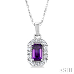 5x3 MM Octagonal Shape Amethyst and 1/20 Ctw Round Cut Diamond Halo Semi-Precious Pendant with Chain in 10K White Gold