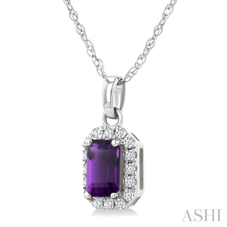 5x3 MM Octagonal Shape Amethyst and 1/20 Ctw Round Cut Diamond Halo Semi-Precious Pendant with Chain in 10K White Gold