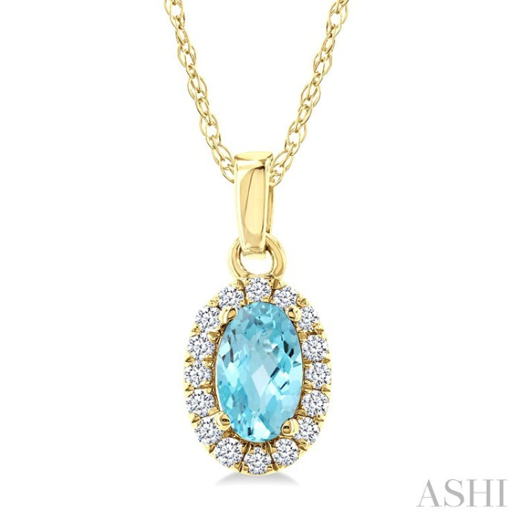 5x3 MM Oval Shape Aquamarine and 1/20 Ctw Round Cut Diamond Halo Semi-Precious Pendant with Chain in 10K Yellow Gold