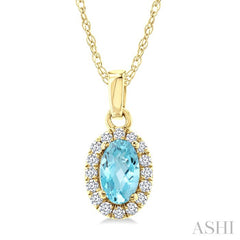 5x3 MM Oval Shape Aquamarine and 1/20 Ctw Round Cut Diamond Halo Semi-Precious Pendant with Chain in 10K Yellow Gold