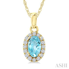 5x3 MM Oval Shape Aquamarine and 1/20 Ctw Round Cut Diamond Halo Semi-Precious Pendant with Chain in 10K Yellow Gold