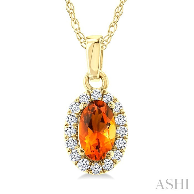 5x3 MM Oval Shape Citrine and 1/20 Ctw Round Cut Diamond Halo Semi-Precious Pendant with Chain in 10K Yellow Gold