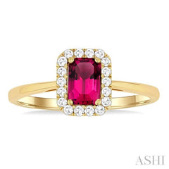 6x4 MM Octagonal Shape Pink Tourmaline and 1/6 Ctw Round Cut Diamond Halo Semi-Precious Ring in 14K Yellow Gold