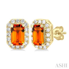 5x3 MM Octagonal Shape Citrine and 1/8 Ctw Single Cut Diamond Halo Semi-Precious Stud Earrings in 14K Yellow Gold
