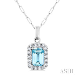 6x4 MM Octagonal Shape Aquamarine and 1/6 Ctw Round Cut Diamond Halo Semi-Precious Pendant with Chain in 10K White Gold
