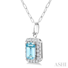 6x4 MM Octagonal Shape Aquamarine and 1/6 Ctw Round Cut Diamond Halo Semi-Precious Pendant with Chain in 10K White Gold
