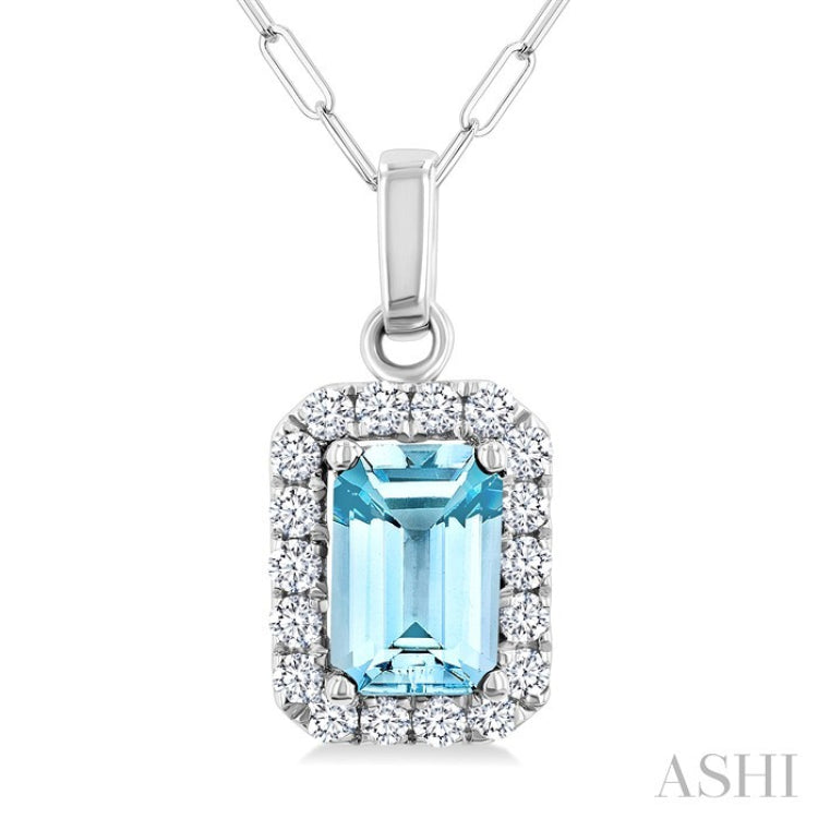 6x4 MM Octagonal Shape Aquamarine and 1/6 Ctw Round Cut Diamond Halo Semi-Precious Pendant with Chain in 10K White Gold
