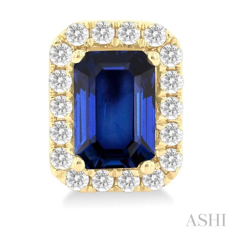6x4 MM Octagonal Shape Sapphire and 1/4 Ctw Round Cut Diamond Halo Precious Stud Earrings in 10K Yellow Gold