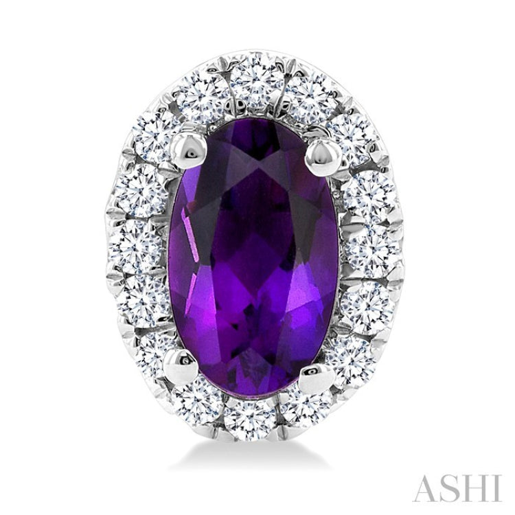 5x3 MM Oval Shape Amethyst and 1/8 Ctw Round Cut Diamond Halo Semi-Precious Stud Earrings in 14K White Gold