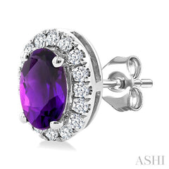5x3 MM Oval Shape Amethyst and 1/8 Ctw Round Cut Diamond Halo Semi-Precious Stud Earrings in 14K White Gold