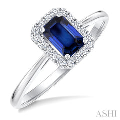 6x4 MM Octagonal Shape Sapphire and 1/6 Ctw Round Cut Diamond Halo Precious Ring in 14K White Gold