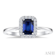 6x4 MM Octagonal Shape Sapphire and 1/6 Ctw Round Cut Diamond Halo Precious Ring in 14K White Gold