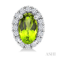 5x3 MM Oval Shape Peridot and 1/8 Ctw Round Cut Diamond Halo Semi-Precious Stud Earrings in 14K White Gold