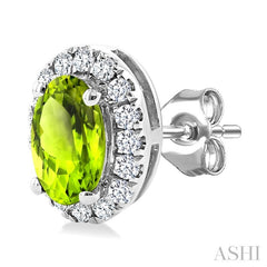 5x3 MM Oval Shape Peridot and 1/8 Ctw Round Cut Diamond Halo Semi-Precious Stud Earrings in 14K White Gold