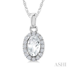 5x3 MM Oval Shape White Topaz and 1/20 Ctw Round Cut Diamond Halo Semi-Precious Pendant with Chain in 10K White Gold