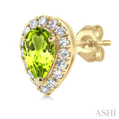 5x3 MM Pear Shape Peridot and 1/8 Ctw Single Cut Diamond Halo Semi-Precious Stud Earrings in 10K Yellow Gold