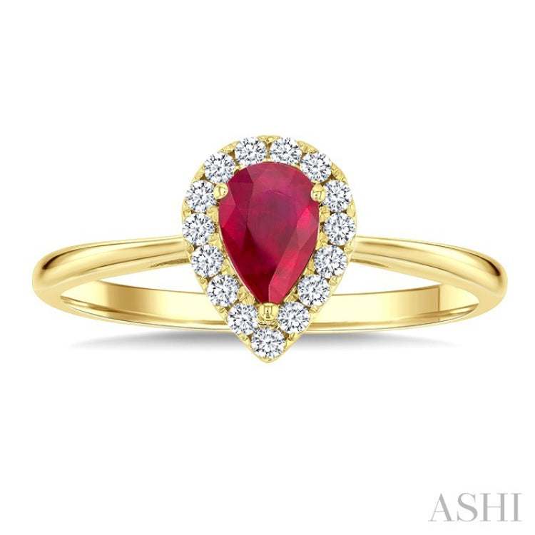 6x4 MM Pear Shape Ruby and 1/6 Ctw Round Cut Diamond Halo Precious Ring in 14K Yellow Gold