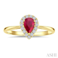6x4 MM Pear Shape Ruby and 1/6 Ctw Round Cut Diamond Halo Precious Ring in 14K Yellow Gold