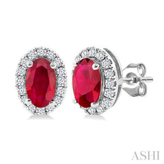 5x3 MM Oval Shape Ruby and 1/8 Ctw Round Cut Diamond Halo Precious Stud Earrings in 14K White Gold