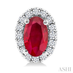5x3 MM Oval Shape Ruby and 1/8 Ctw Round Cut Diamond Halo Precious Stud Earrings in 14K White Gold