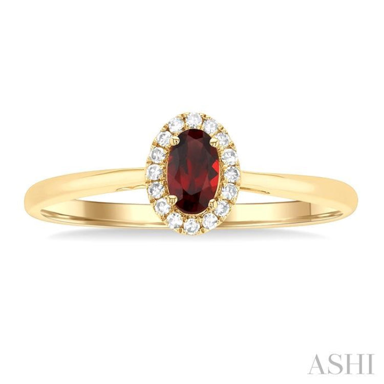5x3 MM Oval Shape Garnet and 1/20 Ctw Single Cut Diamond Halo Semi-Precious Ring in 10K Yellow Gold