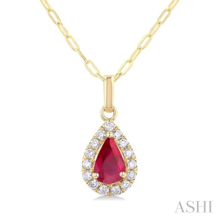6x4 MM Pear Shape Ruby and 1/6 Ctw Round Cut Diamond Halo Precious Pendant with Chain in 14K Yellow Gold