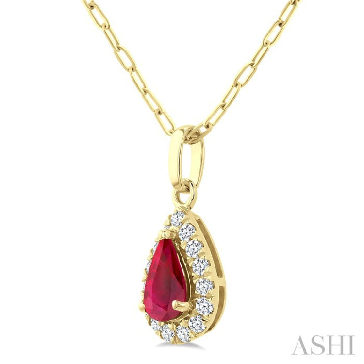 6x4 MM Pear Shape Ruby and 1/6 Ctw Round Cut Diamond Halo Precious Pendant with Chain in 14K Yellow Gold