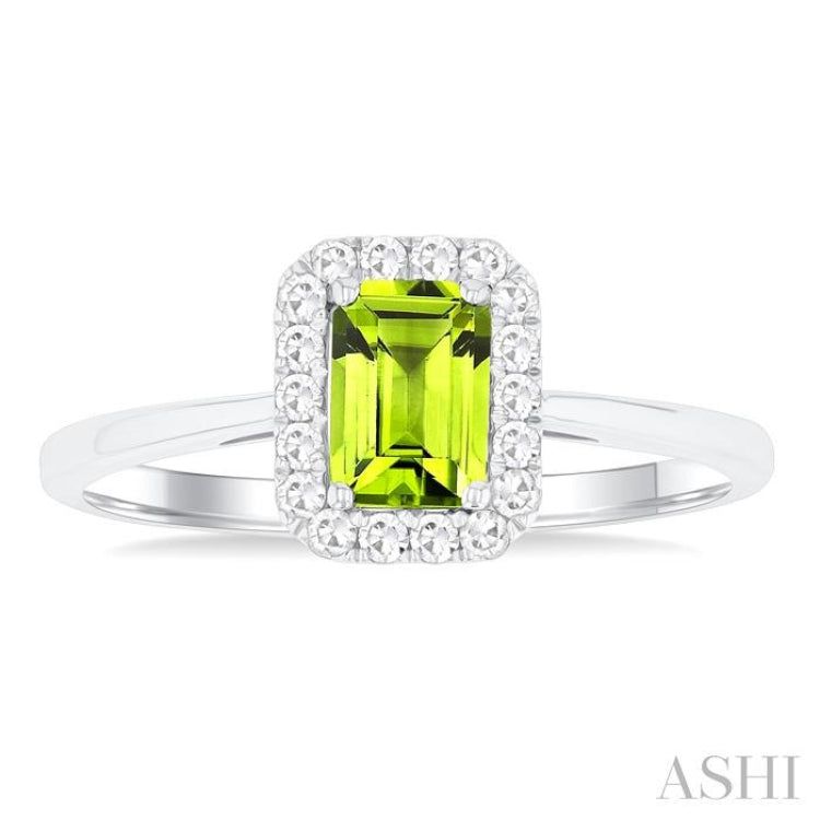 6x4 MM Octagonal Shape Peridot and 1/6 Ctw Round Cut Diamond Halo Semi-Precious Ring in 10K White Gold