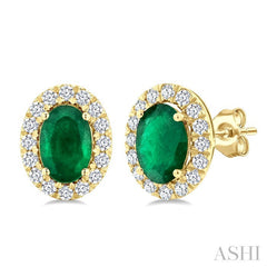 6x4 MM Oval Shape Emerald and 1/4 Ctw Round Cut Diamond Halo Precious Stud Earrings in 14K Yellow Gold