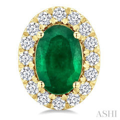6x4 MM Oval Shape Emerald and 1/4 Ctw Round Cut Diamond Halo Precious Stud Earrings in 14K Yellow Gold