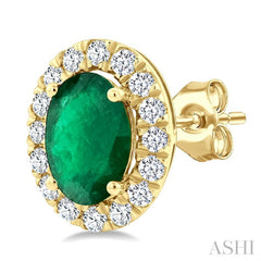 6x4 MM Oval Shape Emerald and 1/4 Ctw Round Cut Diamond Halo Precious Stud Earrings in 14K Yellow Gold