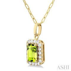6x4 MM Octagonal Shape Peridot and 1/6 Ctw Round Cut Diamond Halo Semi-Precious Pendant with Chain in 10K Yellow Gold