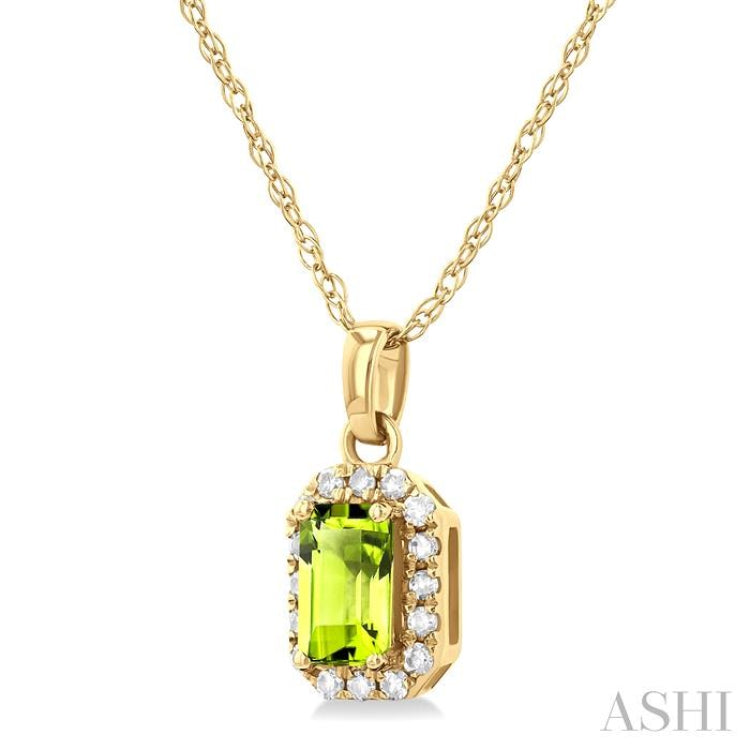 5x3 MM Octagonal Shape Peridot and 1/20 Ctw Single Cut Diamond Halo Semi-Precious Pendant with Chain in 14K Yellow Gold