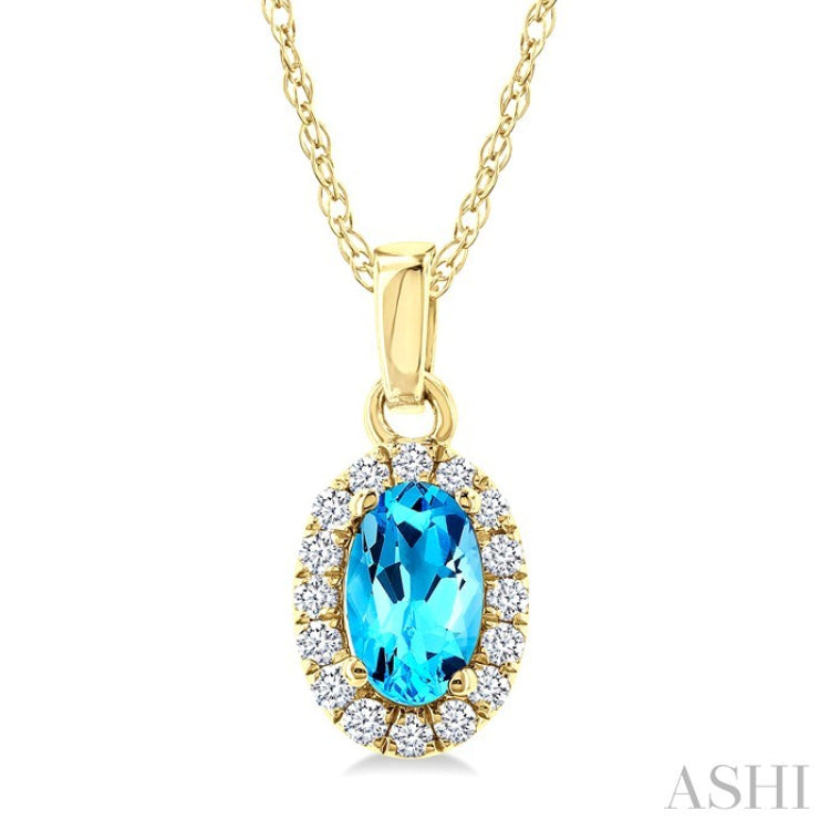 5x3 MM Oval Shape Blue Topaz and 1/20 Ctw Round Cut Diamond Halo Semi-Precious Pendant with Chain in 10K Yellow Gold