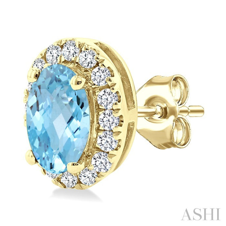 5x3 MM Oval Shape Aquamarine and 1/8 Ctw Round Cut Diamond Halo Semi-Precious Stud Earrings in 10K Yellow Gold