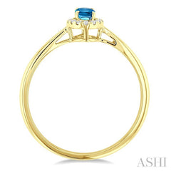 5x3 MM Oval Shape Blue Topaz and 1/20 Ctw Round Cut Diamond Halo Semi-Precious Ring in 10K Yellow Gold
