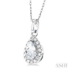 5x3 MM Pear Shape White Topaz and 1/20 Ctw Single Cut Diamond Halo Semi-Precious Pendant with Chain in 14K White Gold