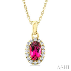 5x3 MM Oval Shape Pink Tourmaline and 1/20 Ctw Round Cut Diamond Halo Semi-Precious Pendant with Chain in 10K Yellow Gold