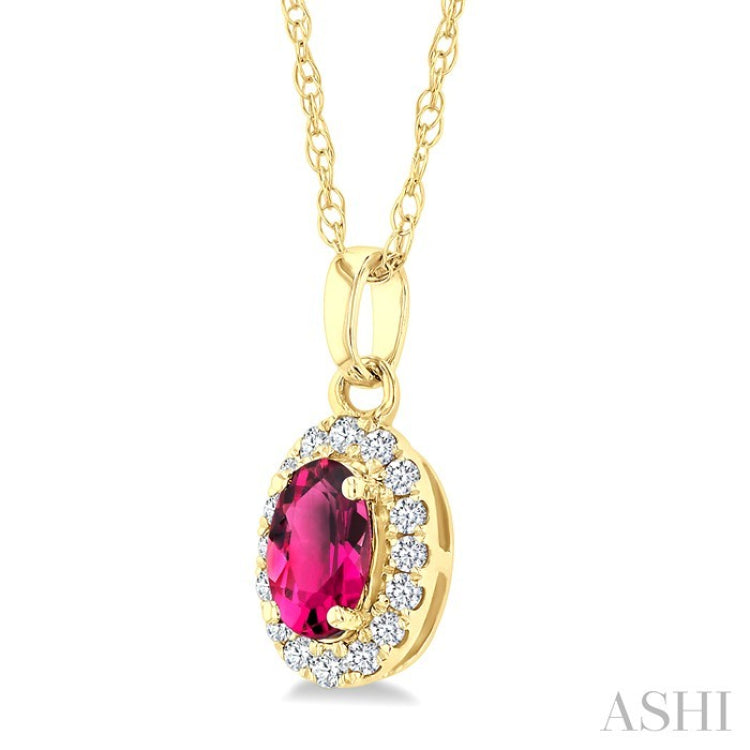 5x3 MM Oval Shape Pink Tourmaline and 1/20 Ctw Round Cut Diamond Halo Semi-Precious Pendant with Chain in 10K Yellow Gold