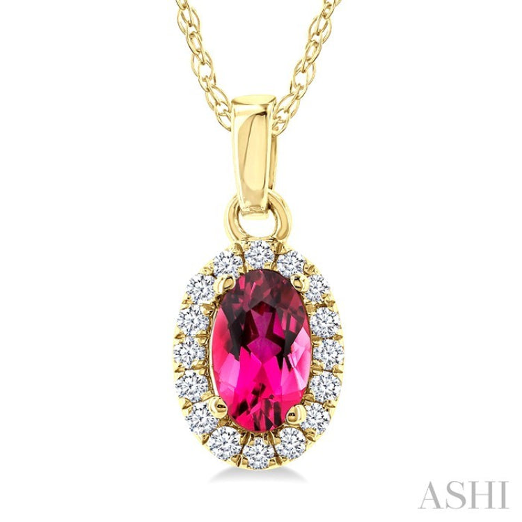 5x3 MM Oval Shape Pink Tourmaline and 1/20 Ctw Round Cut Diamond Halo Semi-Precious Pendant with Chain in 10K Yellow Gold
