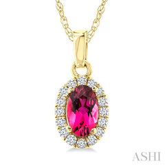 5x3 MM Oval Shape Pink Tourmaline and 1/20 Ctw Round Cut Diamond Halo Semi-Precious Pendant with Chain in 10K Yellow Gold