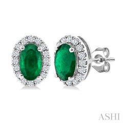 5x3 MM Oval Shape Emerald and 1/8 Ctw Round Cut Diamond Halo Precious Stud Earrings in 10K White Gold