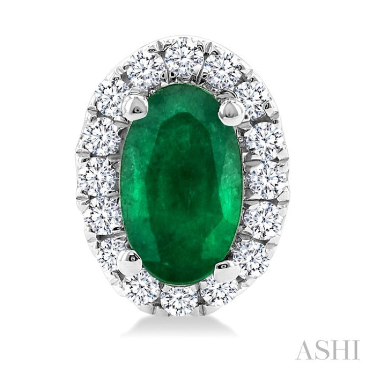 5x3 MM Oval Shape Emerald and 1/8 Ctw Round Cut Diamond Halo Precious Stud Earrings in 10K White Gold