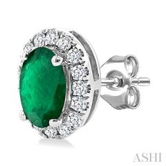 5x3 MM Oval Shape Emerald and 1/8 Ctw Round Cut Diamond Halo Precious Stud Earrings in 10K White Gold
