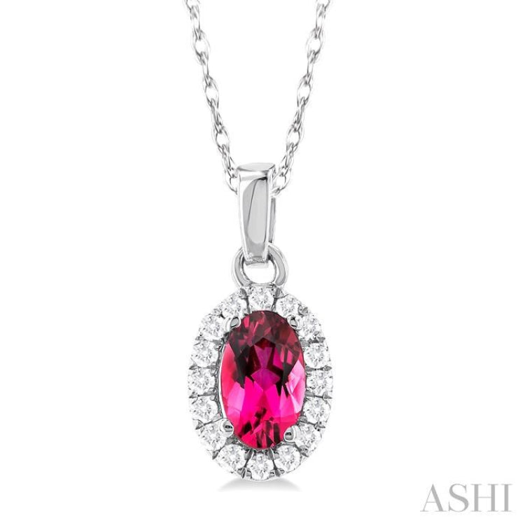 5x3 MM Oval Shape Pink Tourmaline and 1/20 Ctw Single Cut Diamond Halo Semi-Precious Pendant with Chain in 10K White Gold