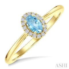 5x3 MM Oval Shape Aquamarine and 1/20 Ctw Round Cut Diamond Halo Semi-Precious Ring in 10K Yellow Gold