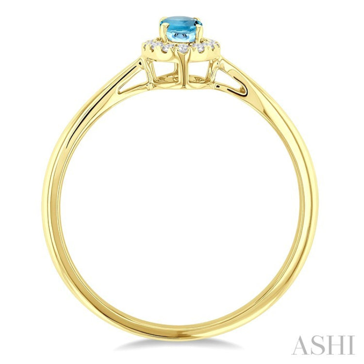5x3 MM Oval Shape Aquamarine and 1/20 Ctw Round Cut Diamond Halo Semi-Precious Ring in 10K Yellow Gold